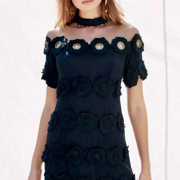 Free People Mini Dress Black Crepe Appliqué Grommet Mesh Neckline - Picture 6 of 14